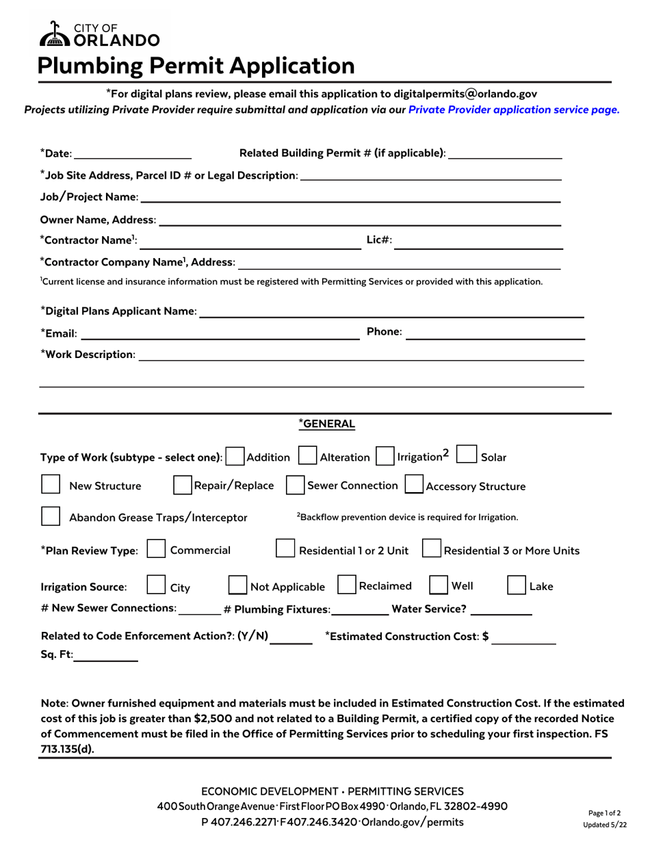 City of Orlando, Florida Plumbing Permit Application Fill Out, Sign Online and Download PDF