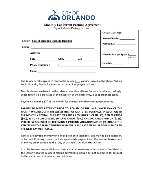 Monthly Lot Permit Parking Agreement - City of Orlando, Florida Download Pdf