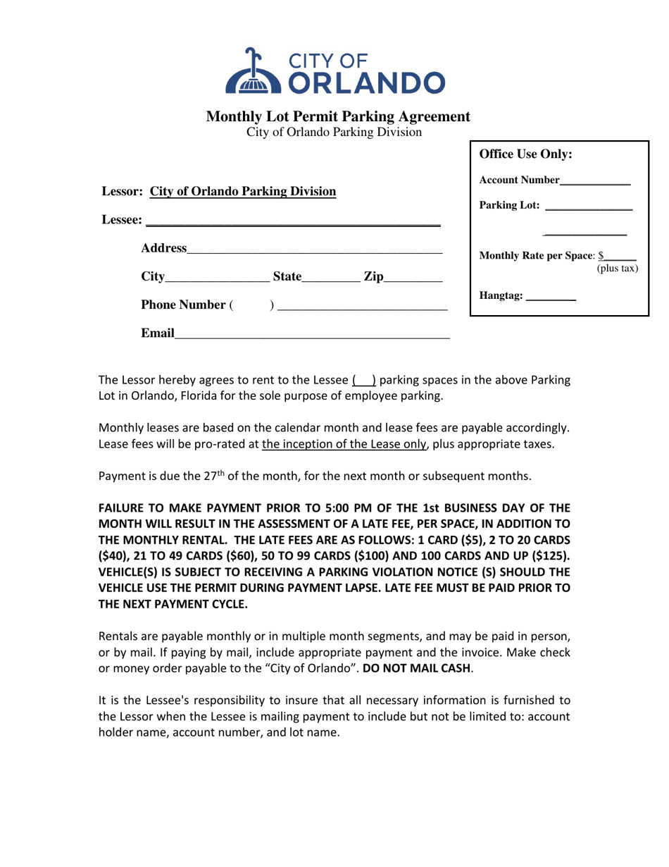 Monthly Lot Permit Parking Agreement - City of Orlando, Florida, Page 1