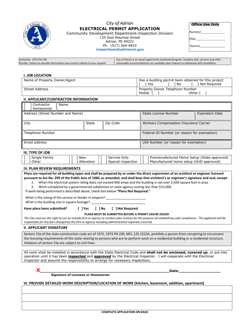 Electrical Permit Application - City of Adrian, Michigan Download Pdf
