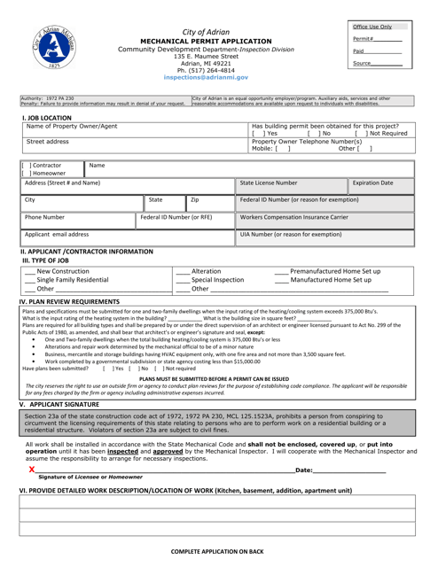 Mechanical Permit Application - City of Adrian, Michigan Download Pdf