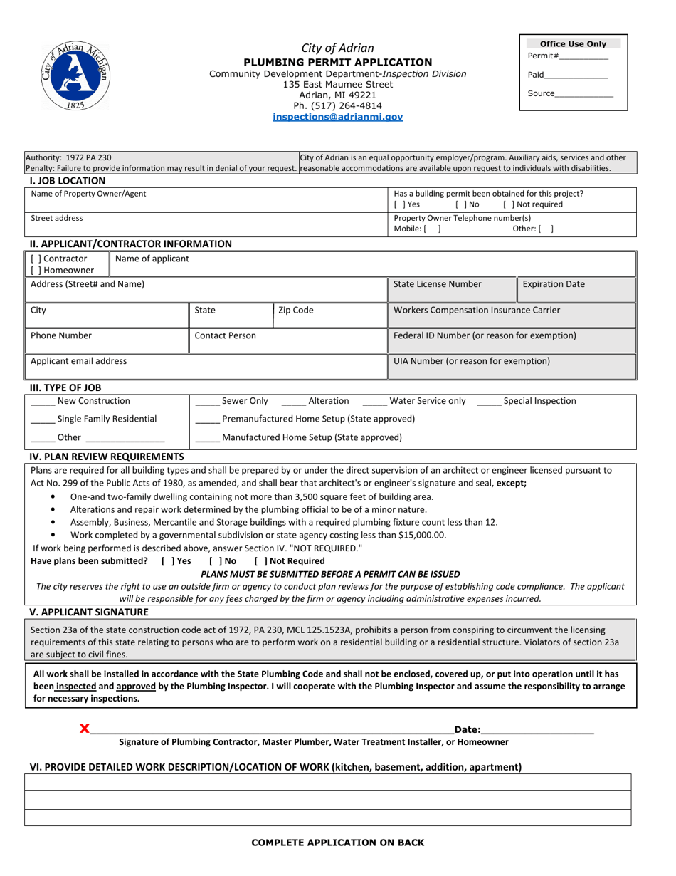 Plumbing Permit Application - City of Adrian, Michigan, Page 1