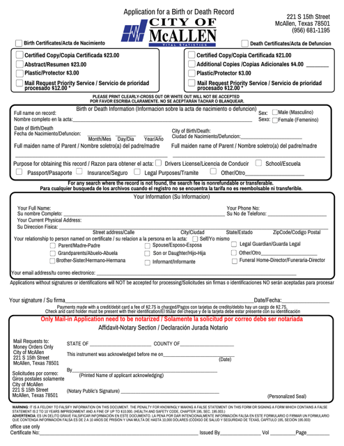 Application for a Birth or Death Record - City of McAllen, Texas (English / Spanish) Download Pdf
