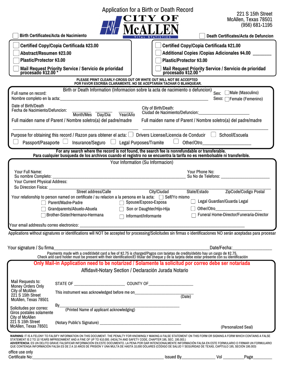 Application for a Birth or Death Record - City of McAllen, Texas (English / Spanish), Page 1
