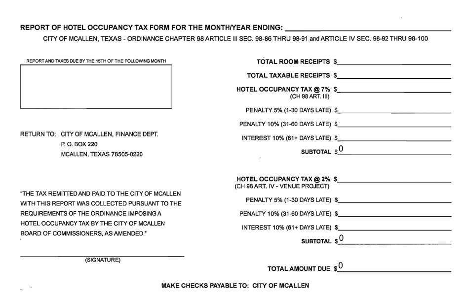Report of Hotel Occupancy Tax Form - City of McAllen, Texas, Page 1