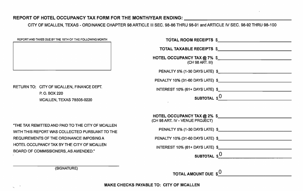 Report of Hotel Occupancy Tax Form - City of McAllen, Texas Download Pdf