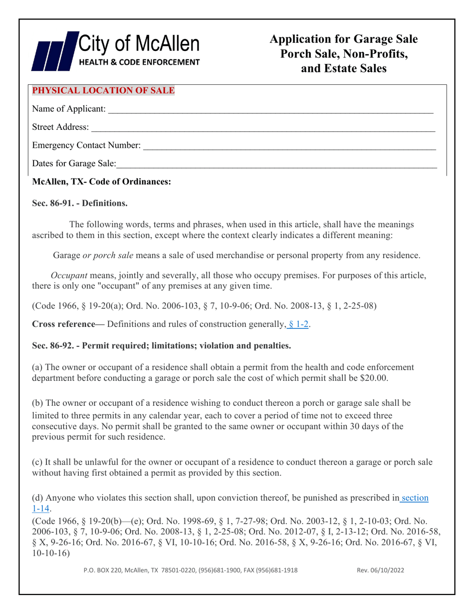 City of McAllen, Texas Application for Garage Sale, Porch Sale, Non