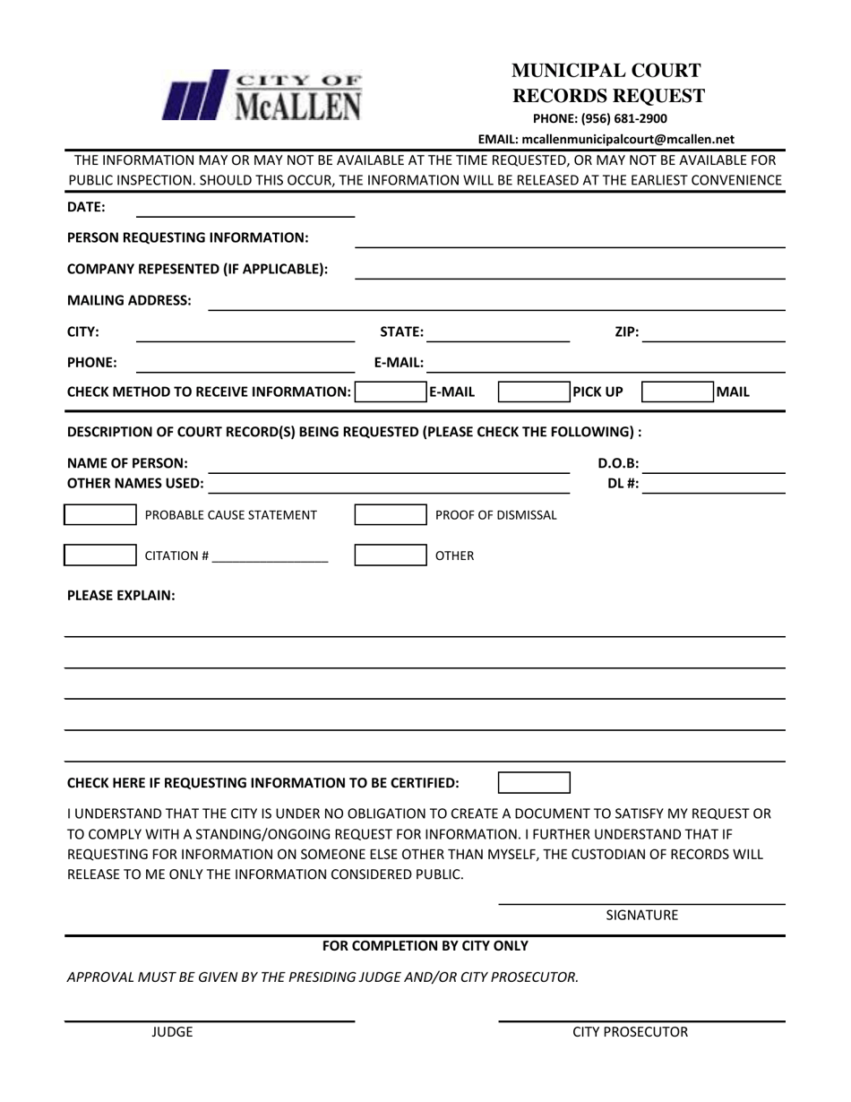 City Of Mcallen Texas Municipal Court Records Request Fill Out Sign Online And Download Pdf 1976