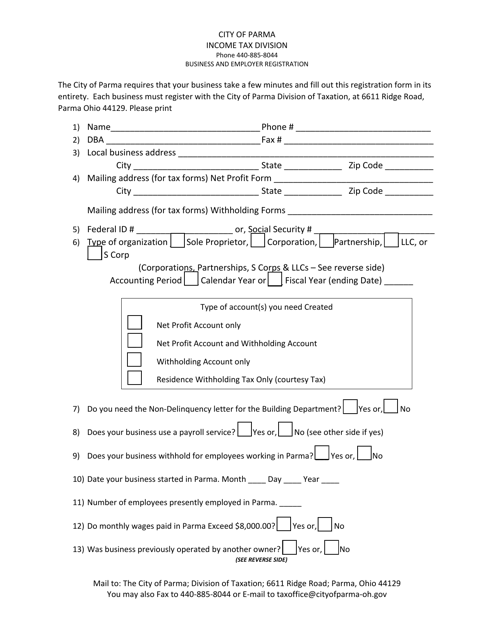 Business and Employer Registration Form - City of Parma, Ohio Download Pdf