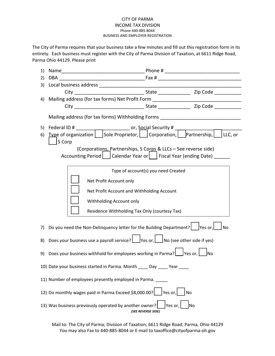 Business and Employer Registration Form - City of Parma, Ohio, Page 1