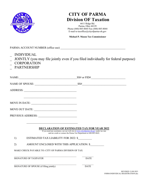 Individual Registration Form - City of Parma, Ohio Download Pdf