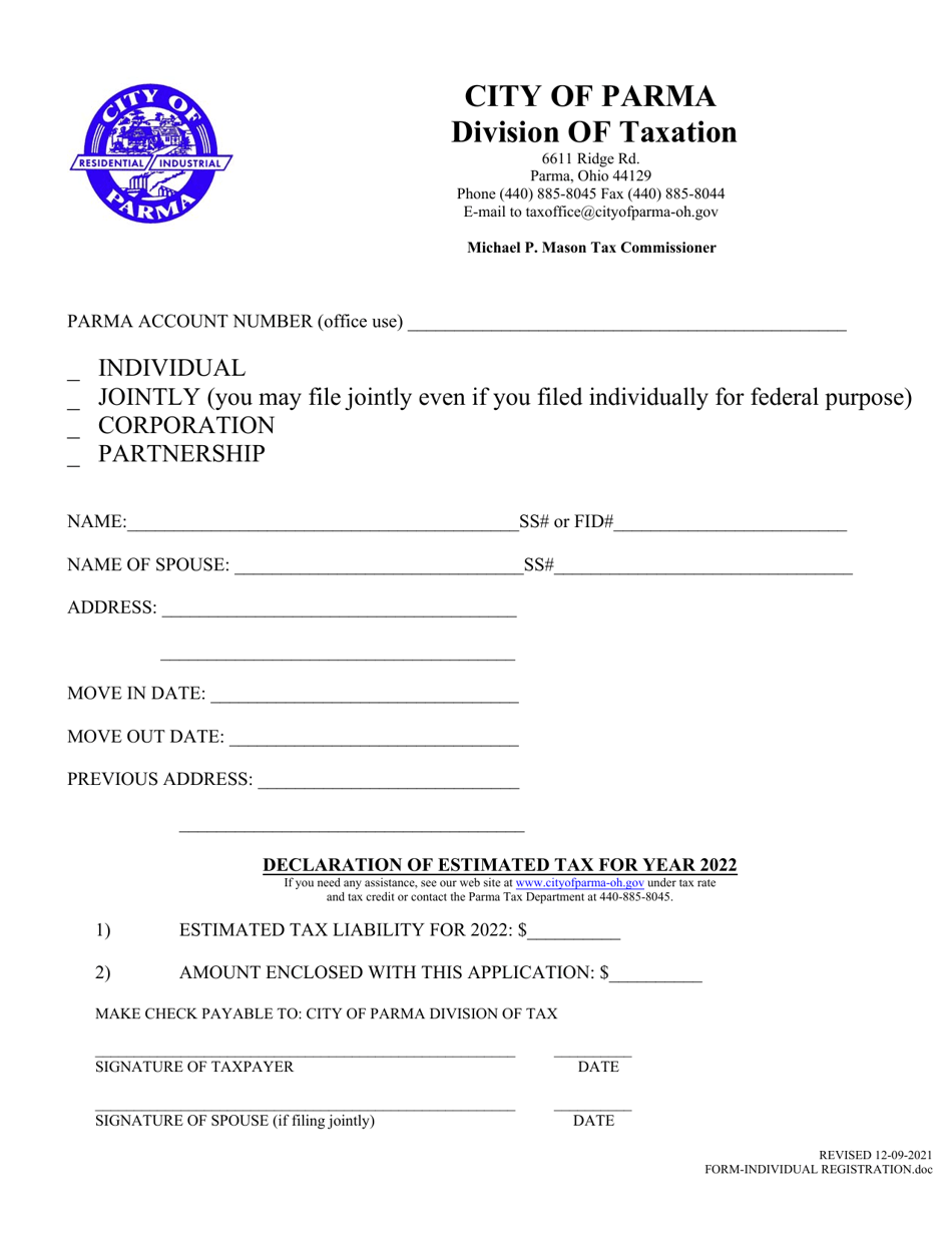 2022 City of Parma, Ohio Individual Registration Form Fill Out, Sign