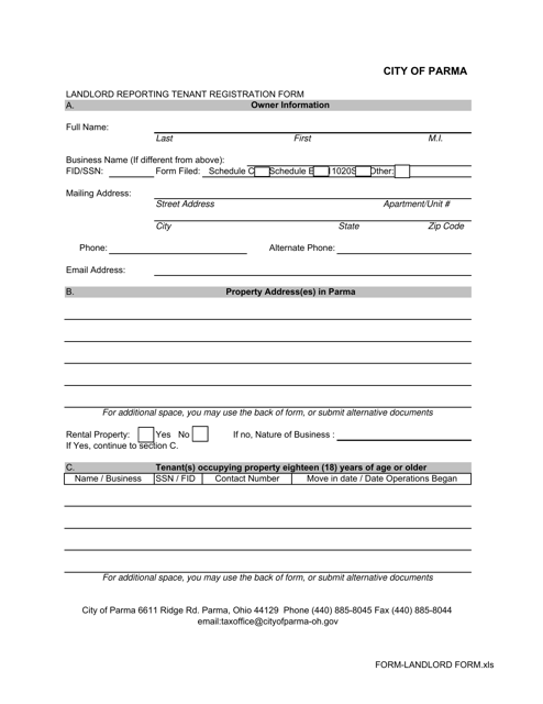 Landlord Reporting Tenant Registration Form - City of Parma, Ohio Download Pdf