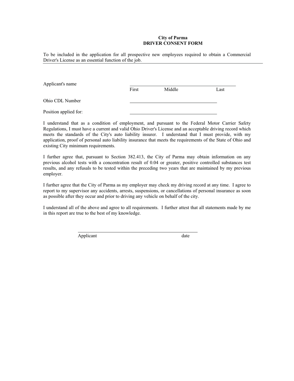 Driver Consent Form - City of Parma, Ohio, Page 1