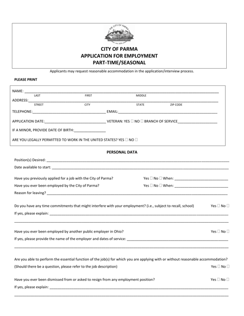 Application for Employment - Part-Time / Seasonal - City of Parma, Ohio Download Pdf