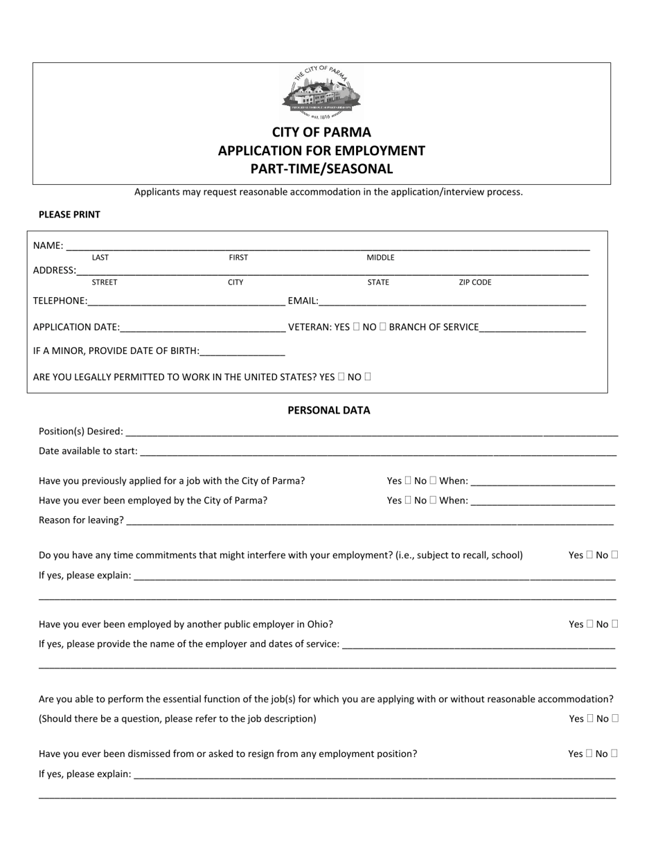 Application for Employment - Part-Time / Seasonal - City of Parma, Ohio, Page 1