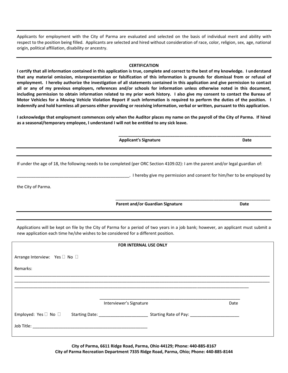 Application for Employment - Part-Time / Seasonal - City of Parma, Ohio, Page 4