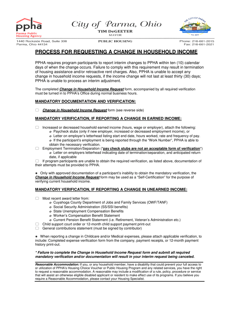 Change in Household Income Request - City of Parma, Ohio, Page 1