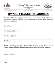 Document preview: Owner Change of Address - City of Parma, Ohio