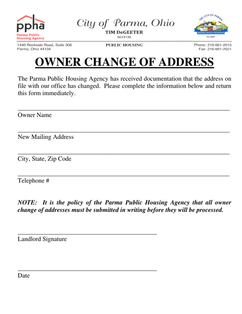 Owner Change of Address - City of Parma, Ohio