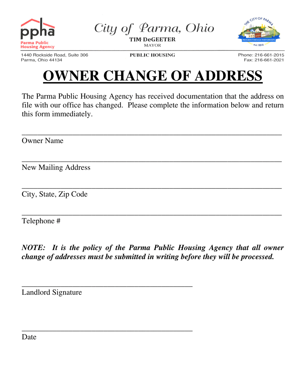 City of Parma, Ohio Owner Change of Address Fill Out, Sign Online and