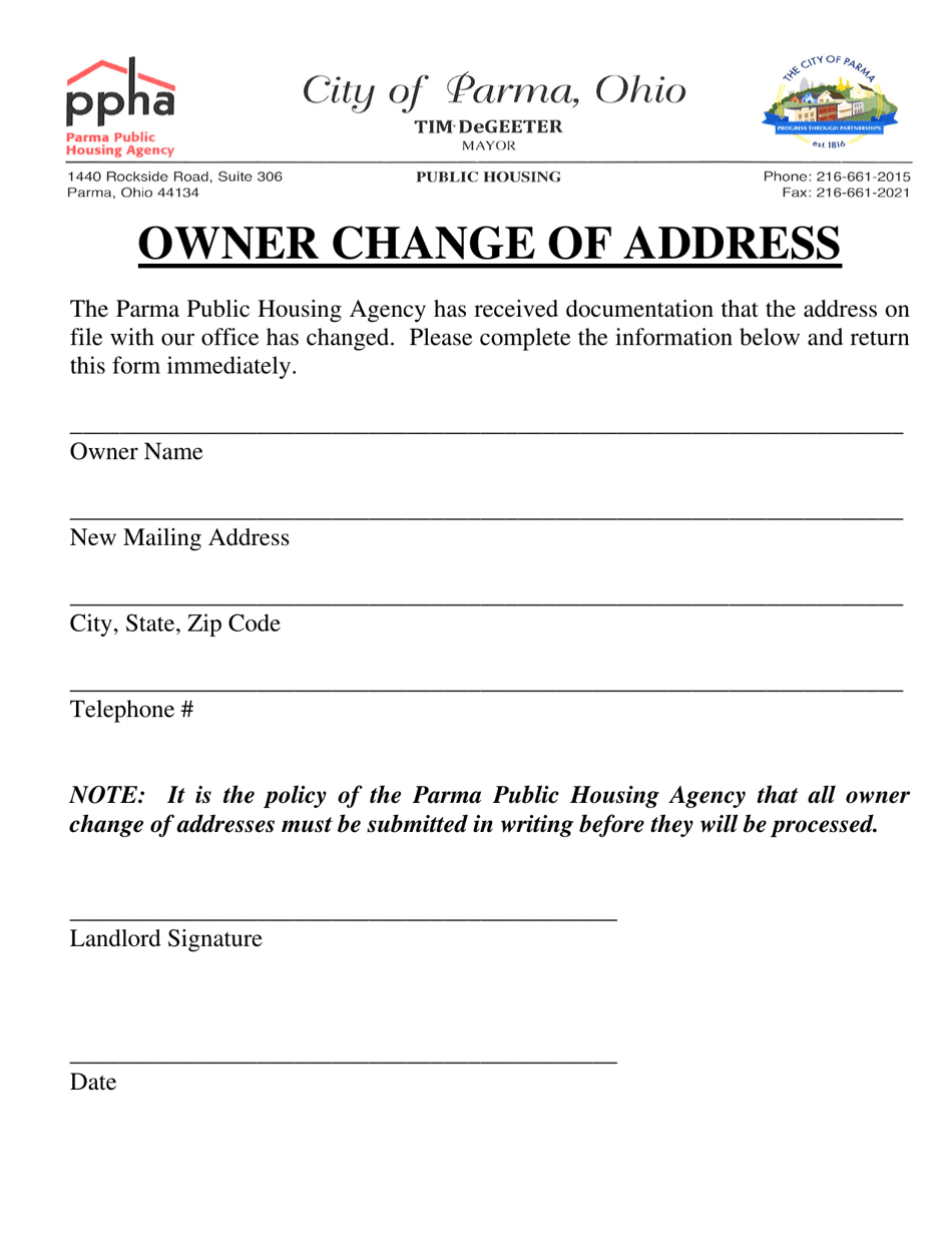 Owner Change of Address - City of Parma, Ohio, Page 1