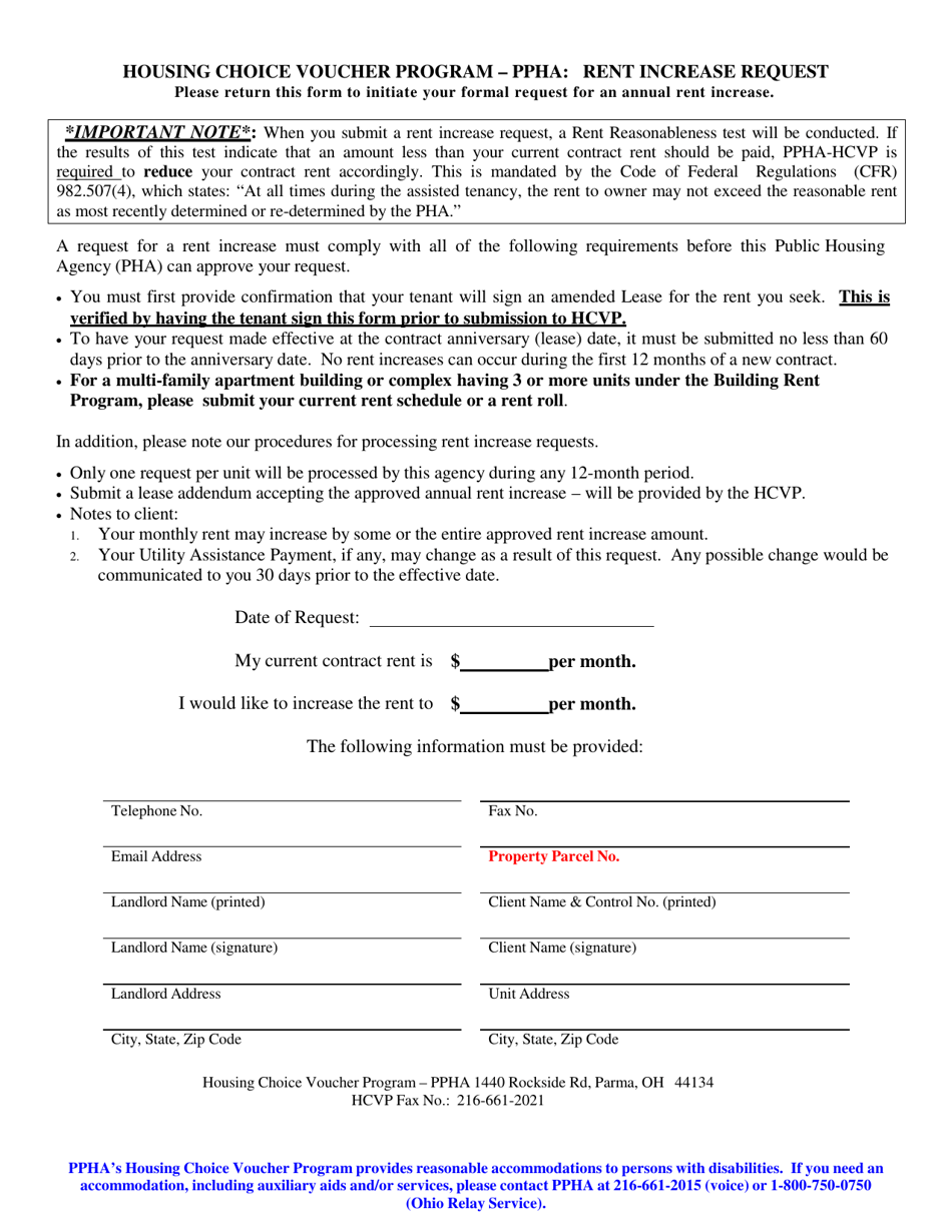 City of Parma, Ohio Rent Increase Request Housing Choice Voucher