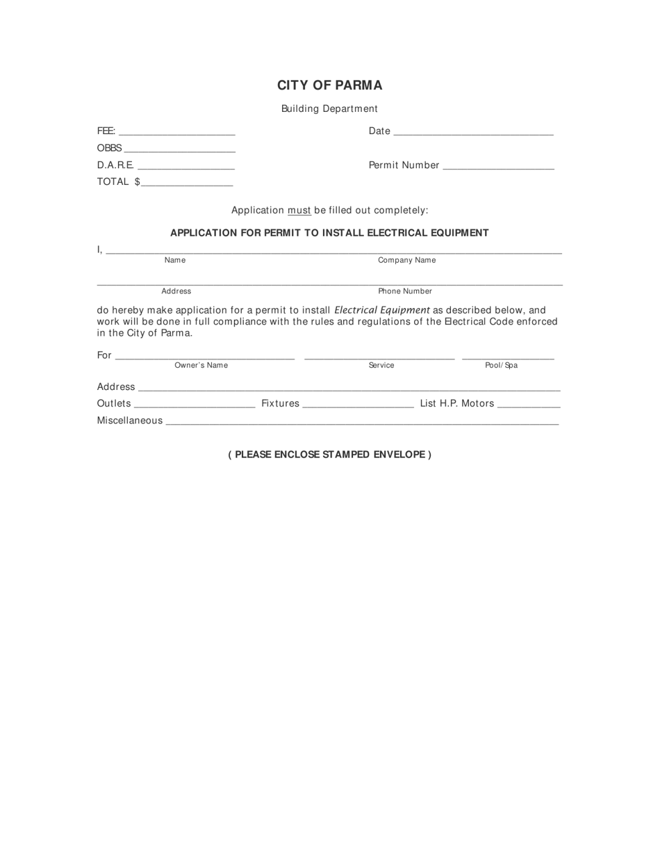 Application for Permit to Install Electrical Equipment - City of Parma, Ohio, Page 1