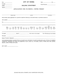 Document preview: Application for Plumbing/Sewer Permit - City of Parma, Ohio
