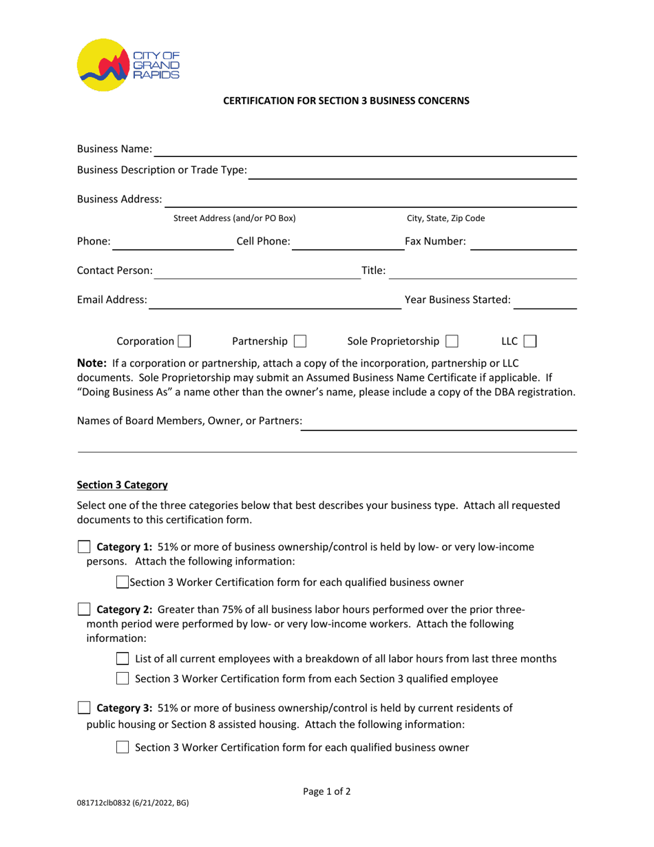 Certification for Section 3 Business Concerns - City of Grand Rapids, Michigan, Page 1