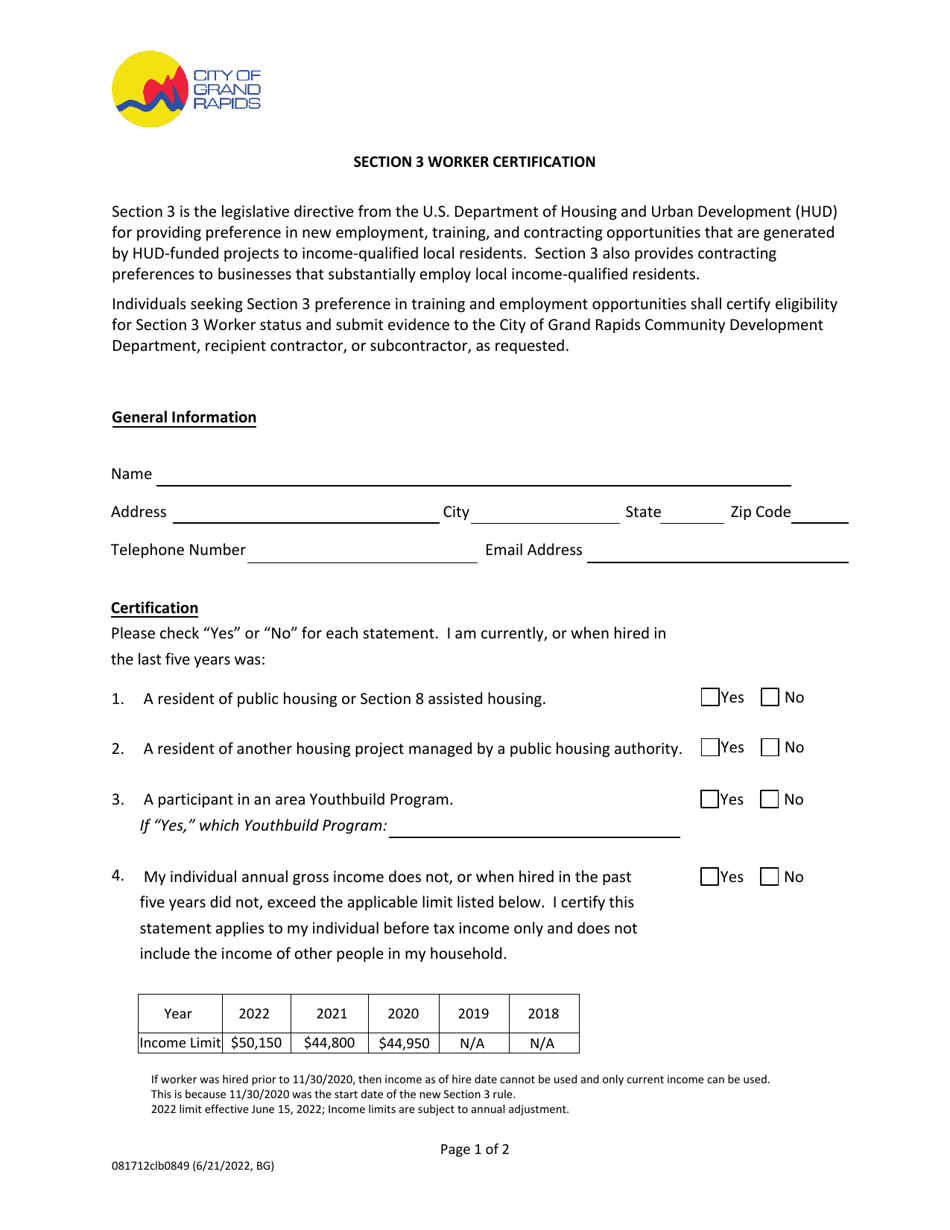 Section 3 Worker Certification - City of Grand Rapids, Michigan, Page 1