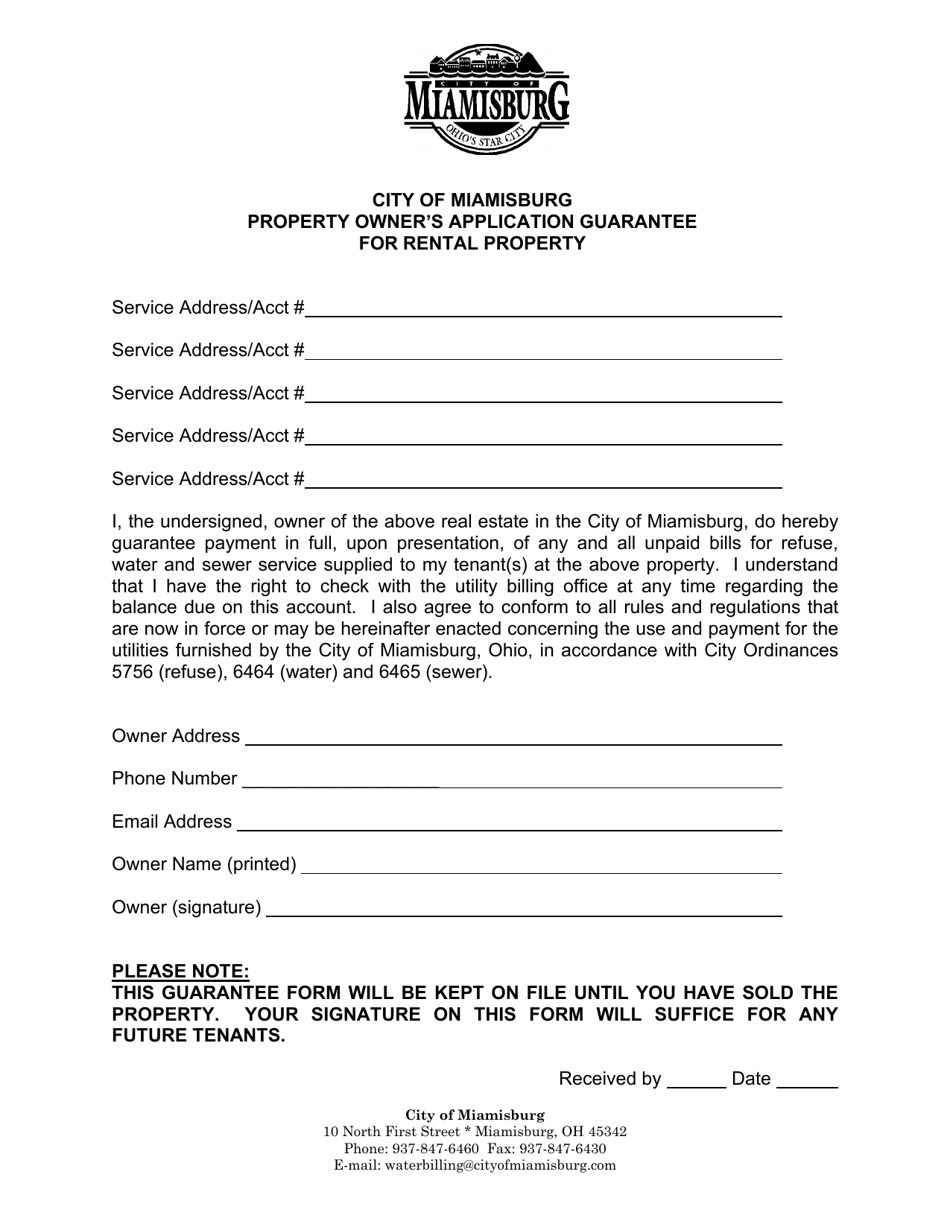 City of Miamisburg, Ohio Property Owner's Application Guarantee for