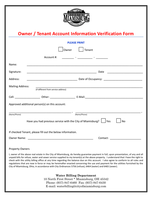 Owner/Tenant Account Information Verification Form - City of Miamisburg, Ohio