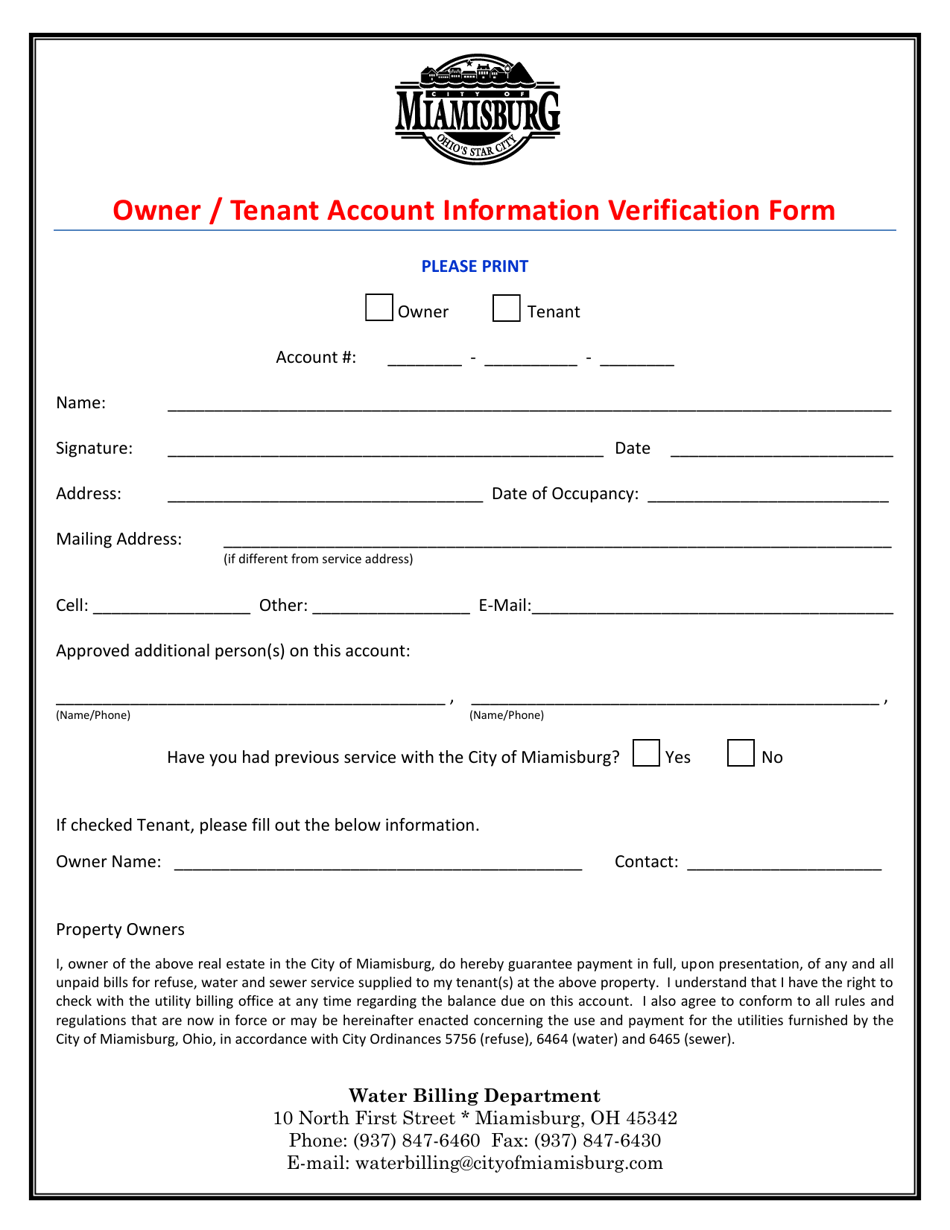 City of Miamisburg, Ohio Owner/Tenant Account Information Verification