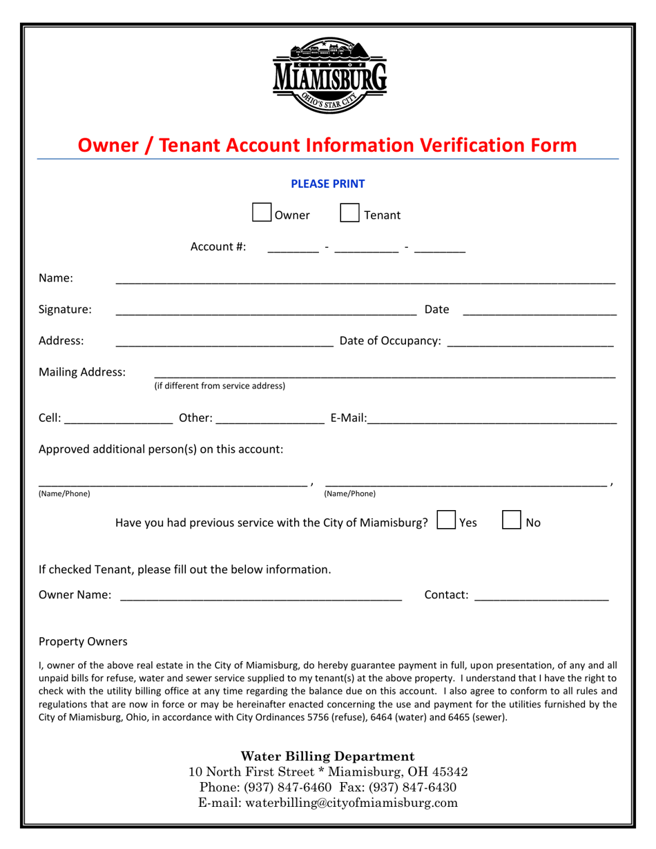 Owner / Tenant Account Information Verification Form - City of Miamisburg, Ohio, Page 1