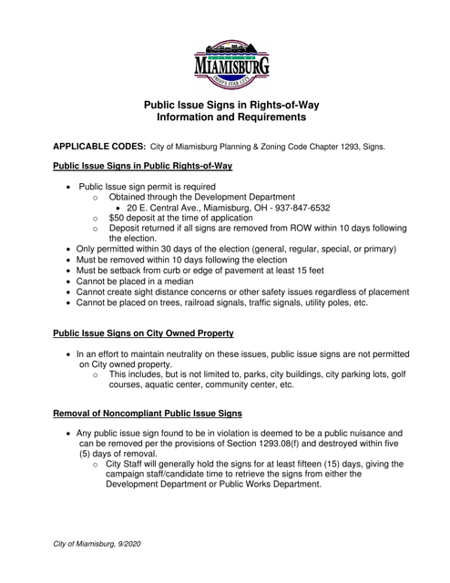 Public Issue Sign Permit Application - City of Miamisburg, Ohio Download Pdf