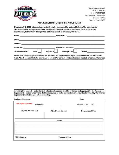 Application for Utility Bill Adjustment - City of Miamisburg, Ohio Download Pdf