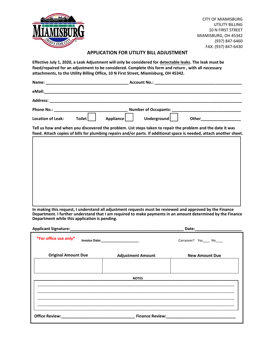 Application for Utility Bill Adjustment - City of Miamisburg, Ohio, Page 1