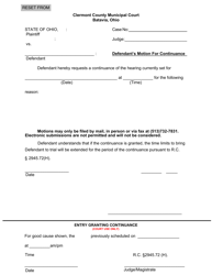 Document preview: Defendant's Motion for Continuance - Clermont County, Ohio
