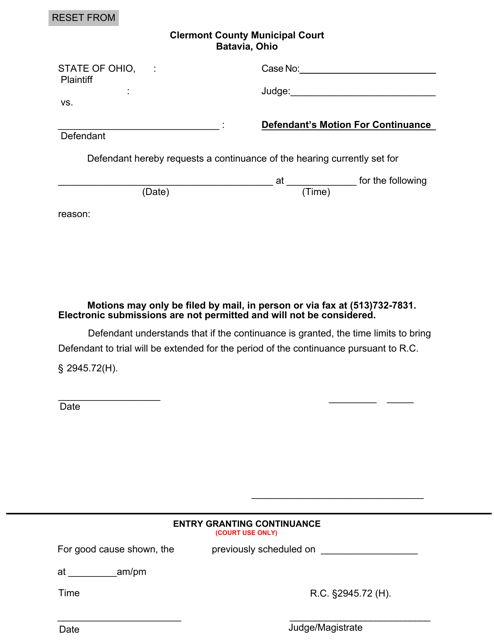Defendant's Motion for Continuance - Clermont County, Ohio Download Pdf