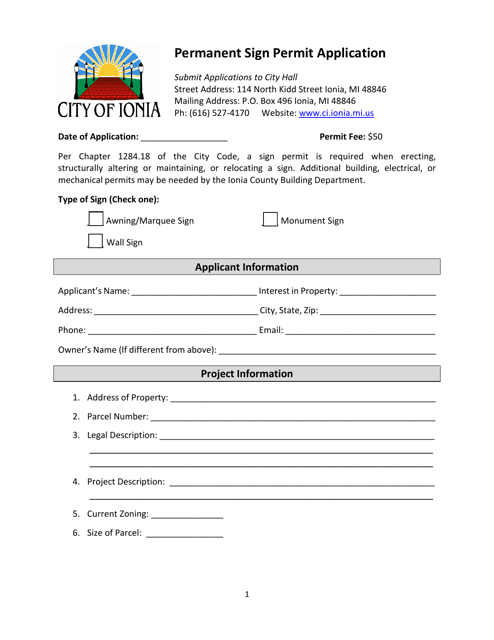 Permanent Sign Permit Application - City of Ionia, Michigan Download Pdf