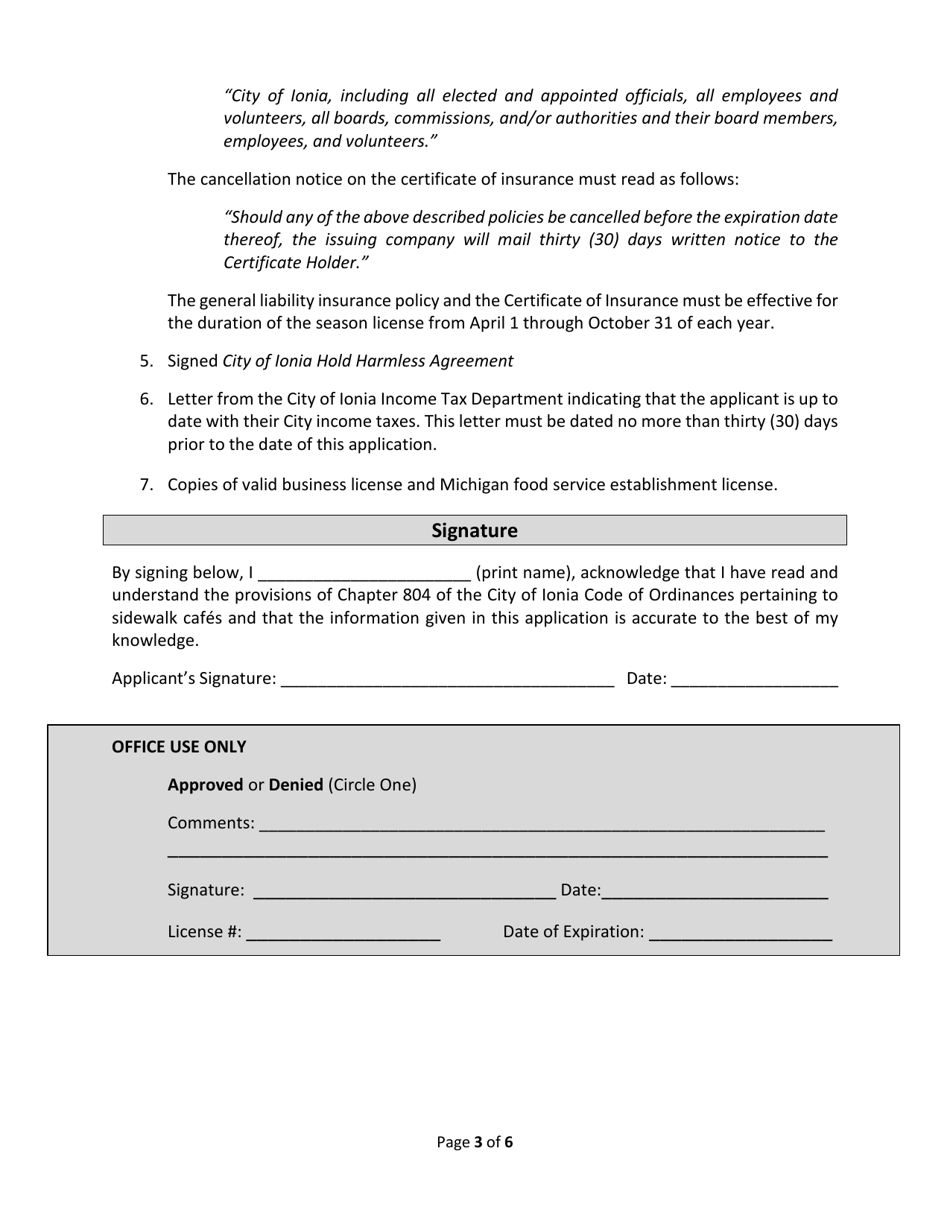 Sidewalk Cafe License Application - City of Ionia, Michigan, Page 3