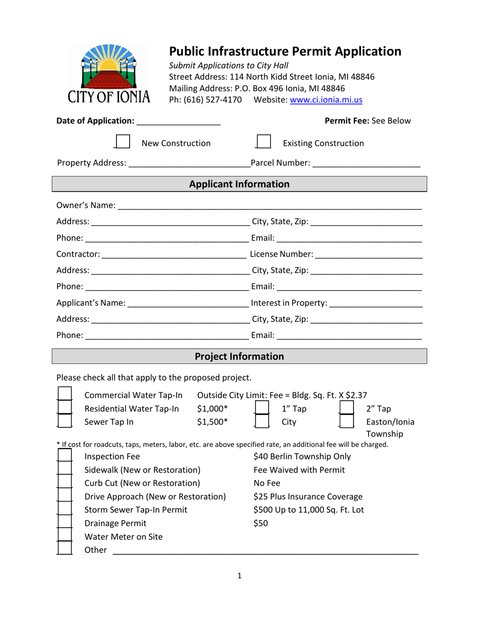 Public Infrastructure Permit Application - City of Ionia, Michigan, Page 1