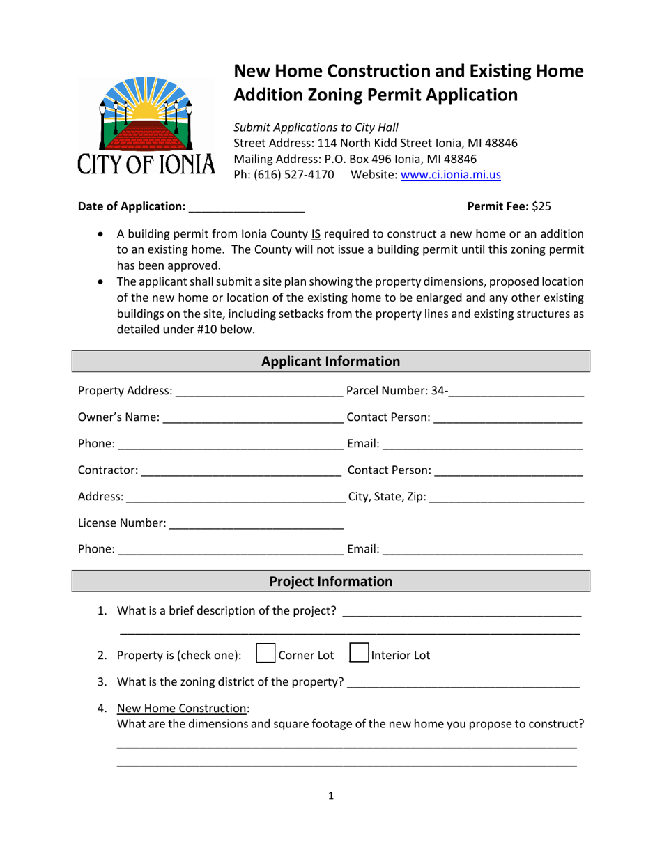 New Home Construction and Existing Home Addition Zoning Permit Application - City of Ionia, Michigan, Page 1