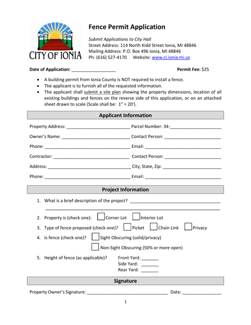 Fence Permit Application - City of Ionia, Michigan
