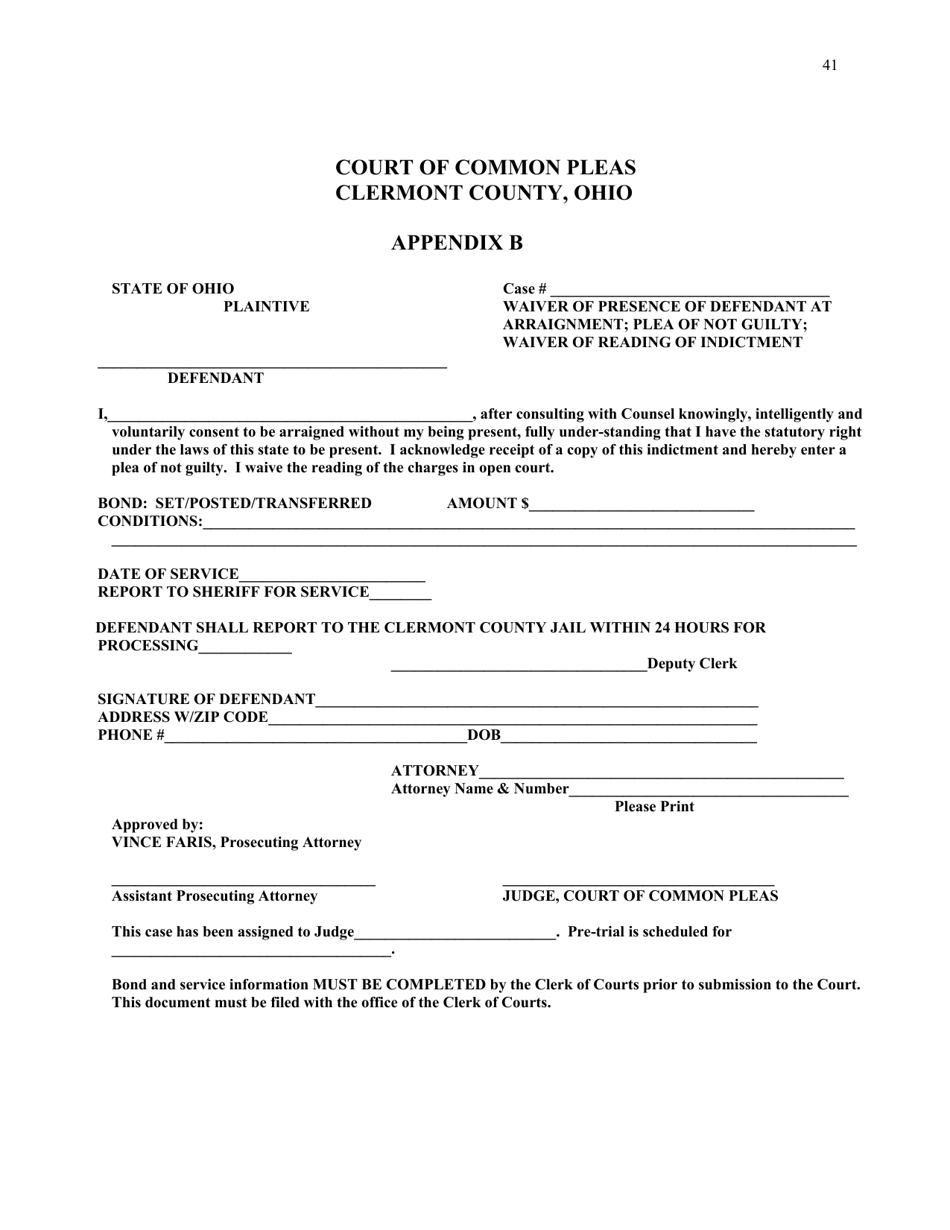 Appendix B Waiver of Presence of Defendant at Arraignment; Plea of Not Guilty; Waiver of Reading of Indictment - Clermont County, Ohio, Page 1