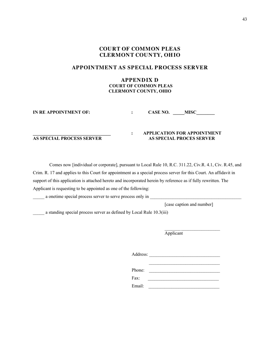 Form 10.2 Appendix D Application for Appointment as Special Process Server - Clermont County, Ohio, Page 1