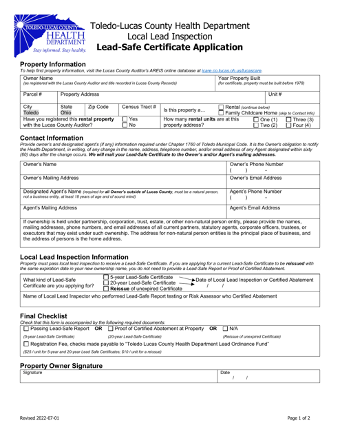 Lead-Safe Certificate Application - Toledo-Lucas County, Ohio Download Pdf