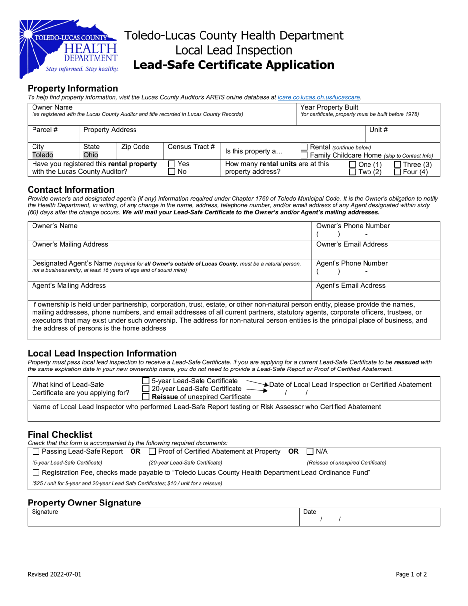 Lead-Safe Certificate Application - Toledo-Lucas County, Ohio, Page 1
