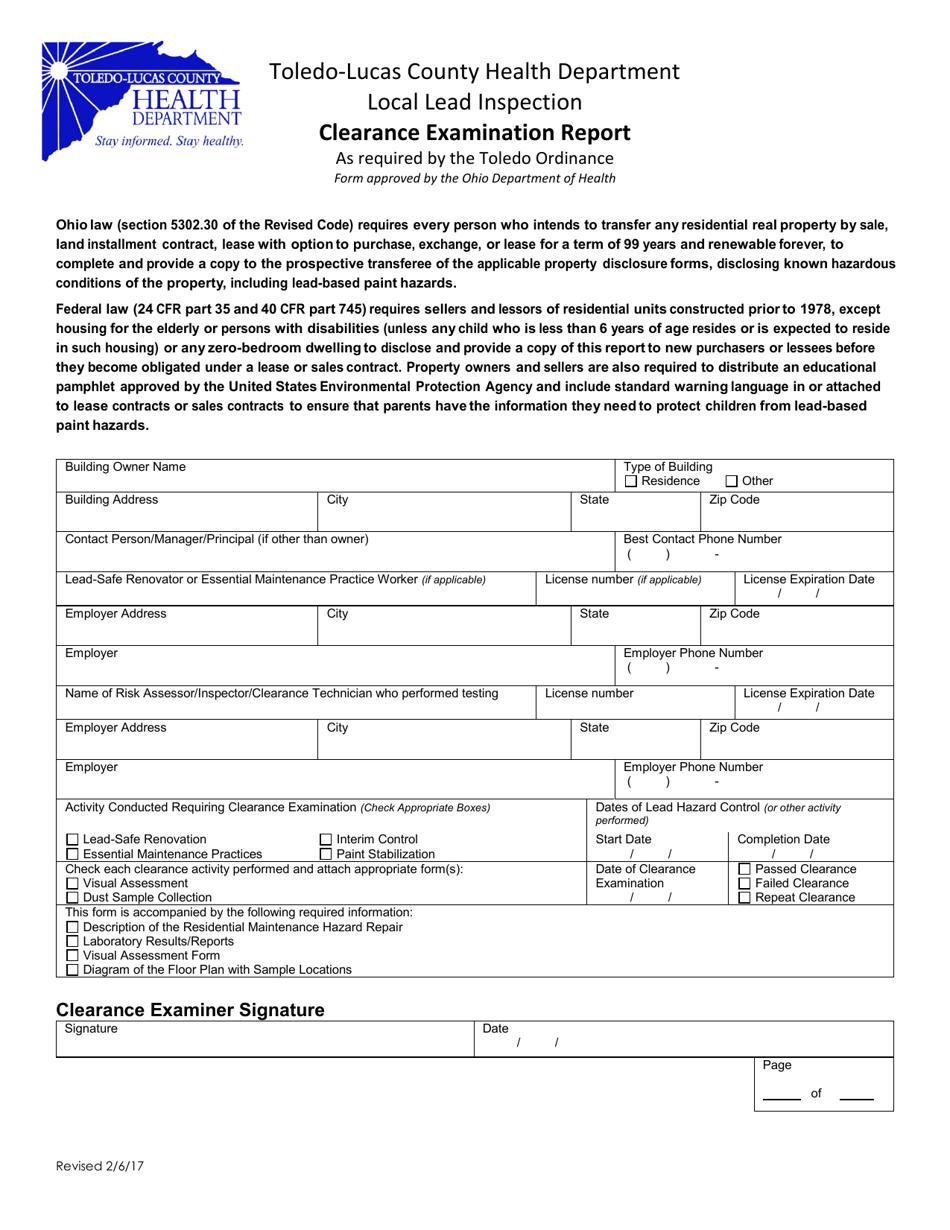 ToledoLucas County, Ohio Local Lead Inspection Clearance Examination Report Fill Out, Sign